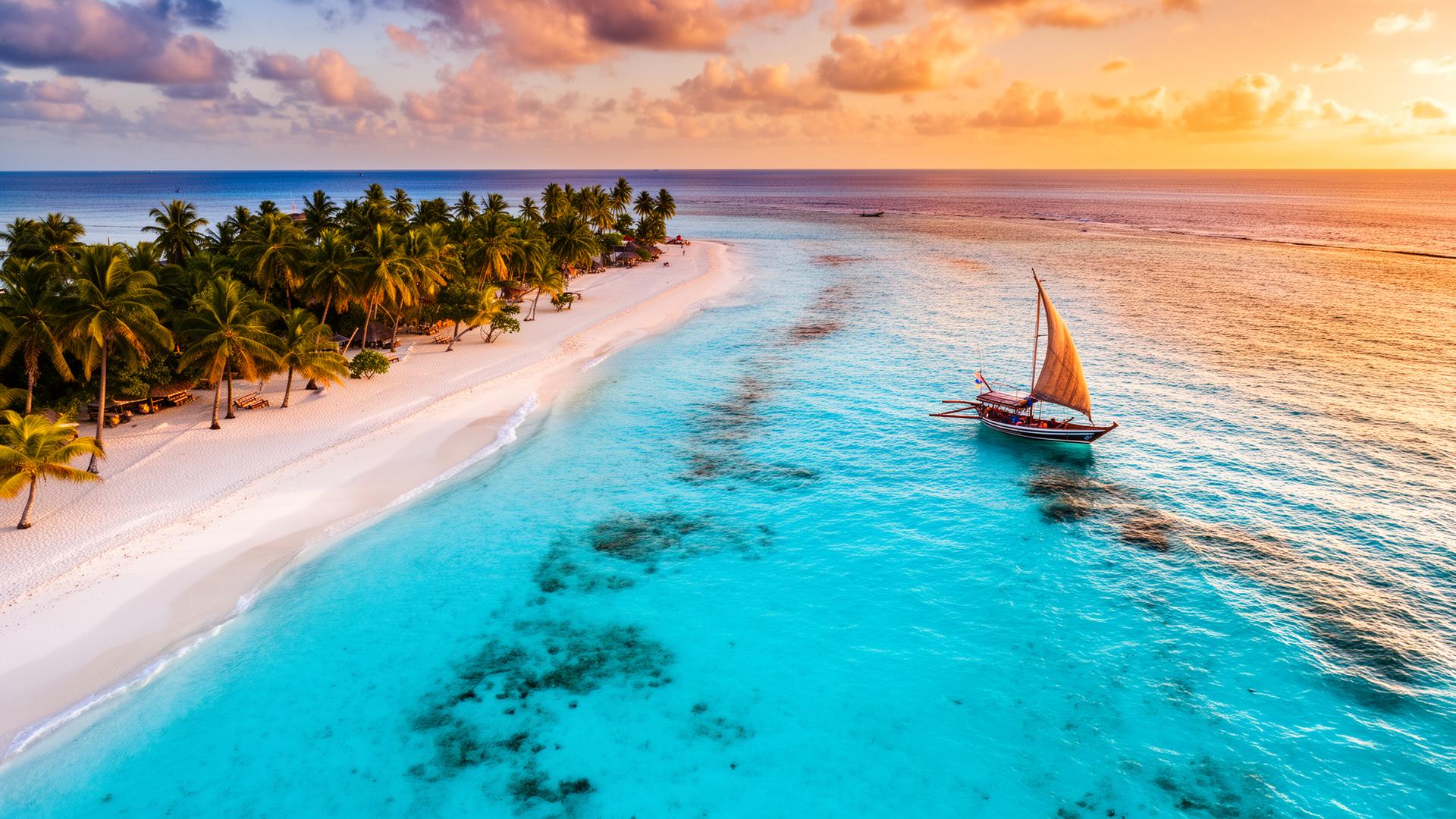 Aerial view of a Zanzibar beach with a dhow boat